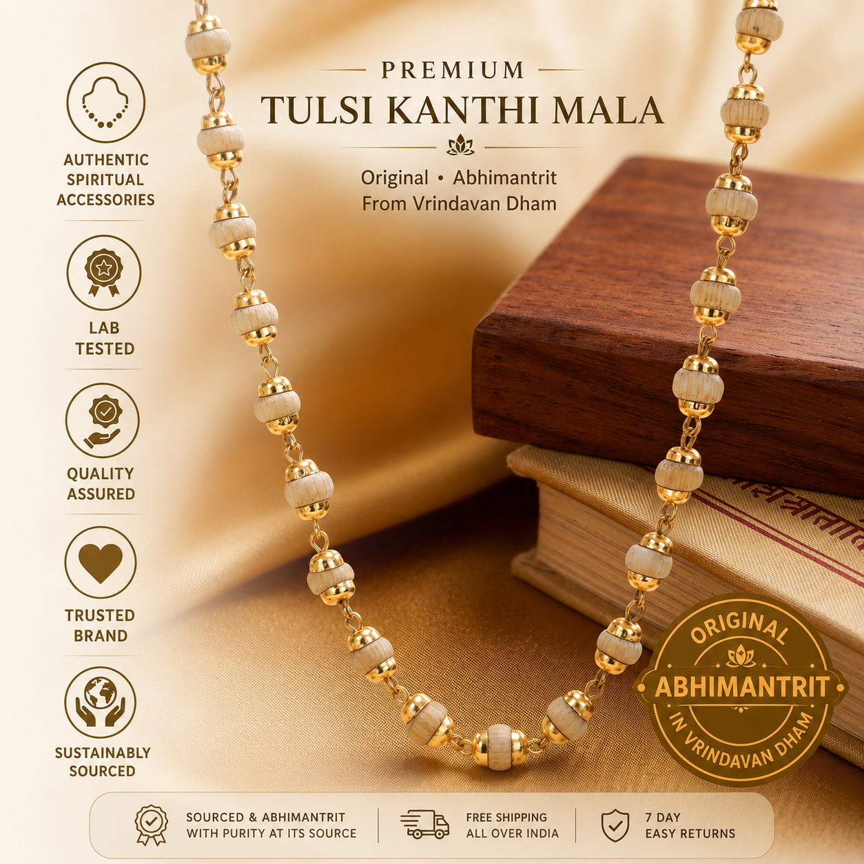 Premium Gold-Plated Tulsi Ji Kanthi Mala | Blessed in Vrindavan Dham