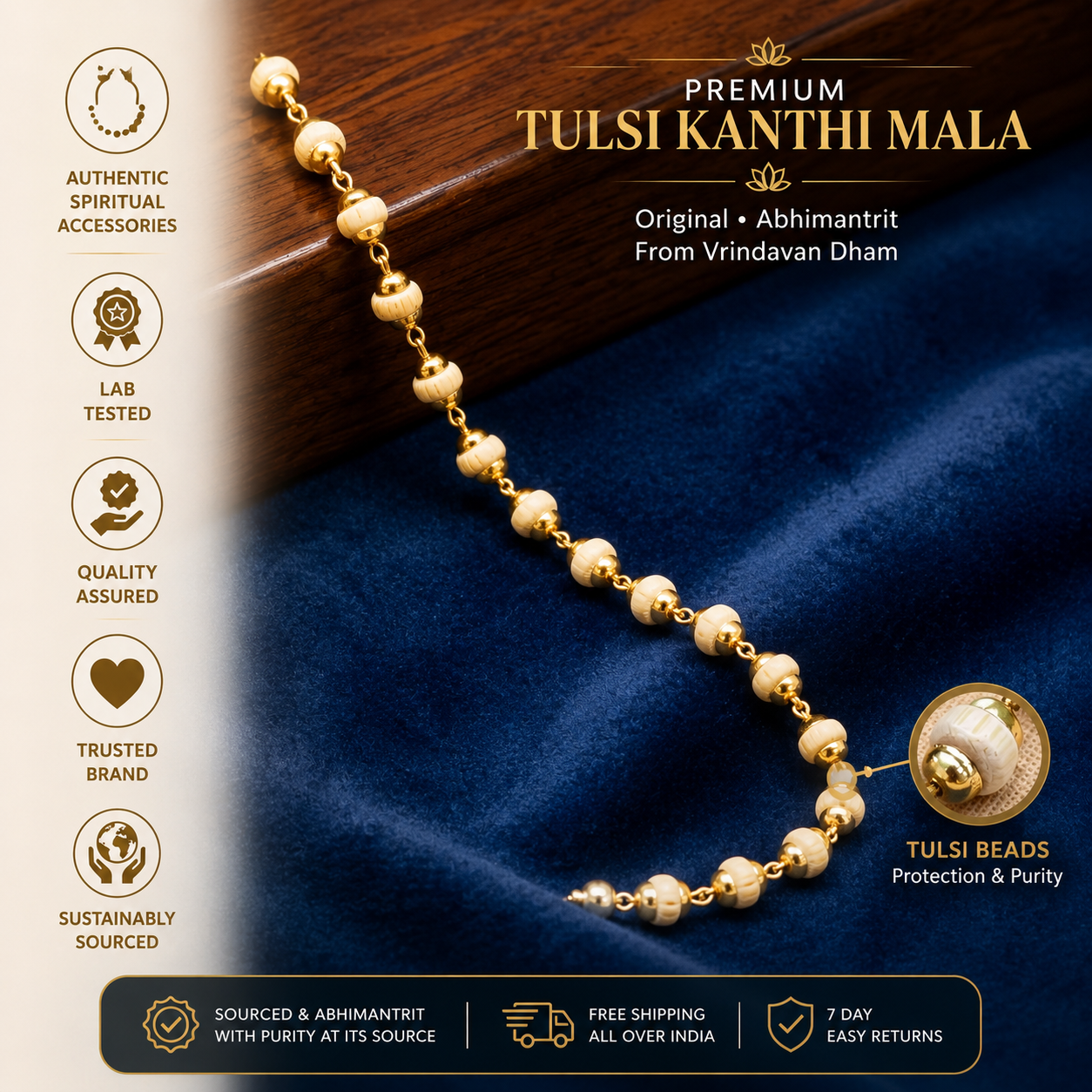 Premium Gold-Plated Tulsi Ji Kanthi Mala | Blessed in Vrindavan Dham